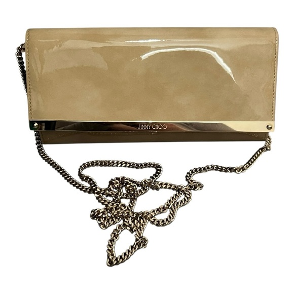 Jimmy Choo Milla Clutch Patent Leather Nude Tan Gold Strap - Picture 2 of 9